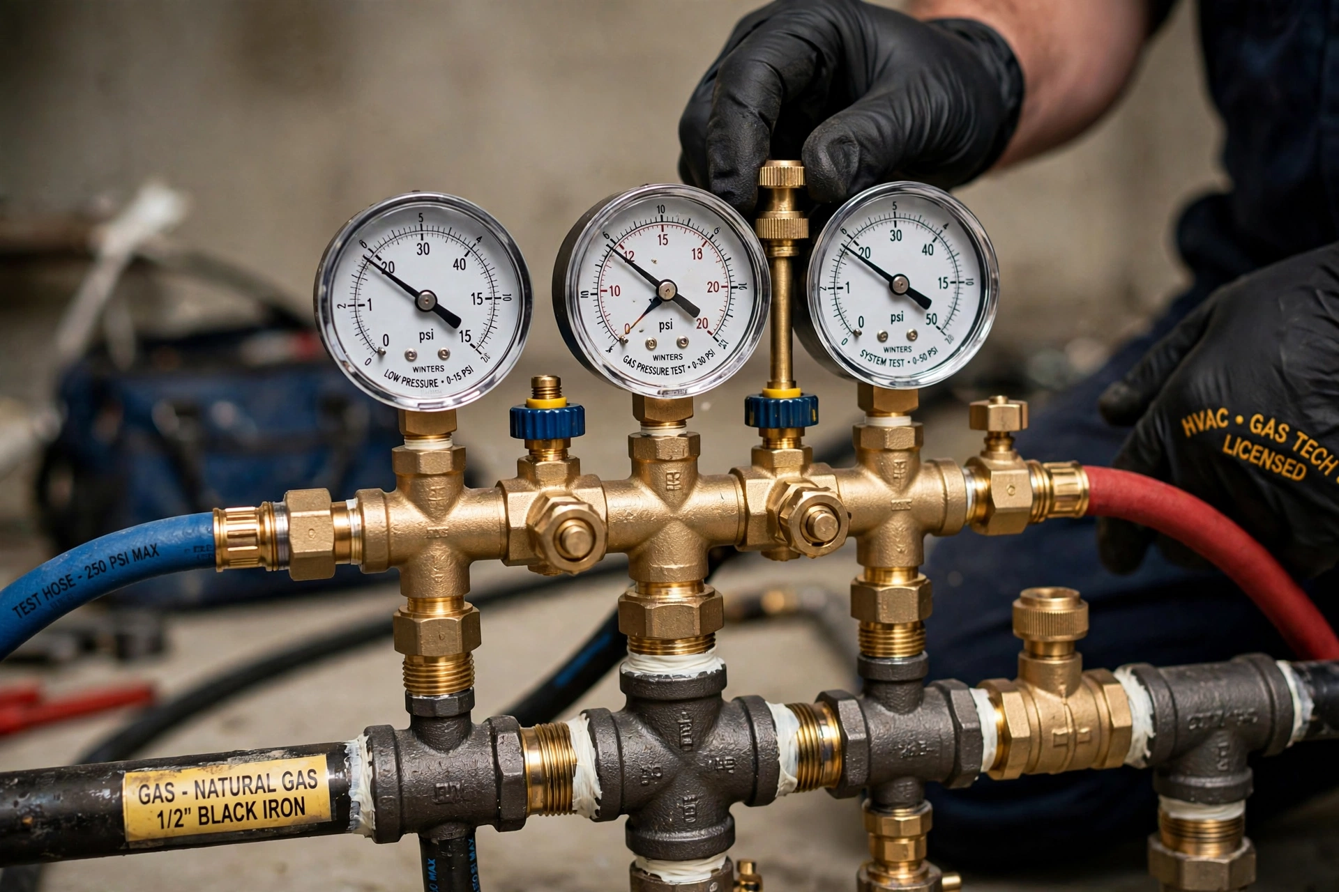 Gas Line Inspection in Leander: gas technician inspecting the condition of an underground polyethylene gas line before backfill