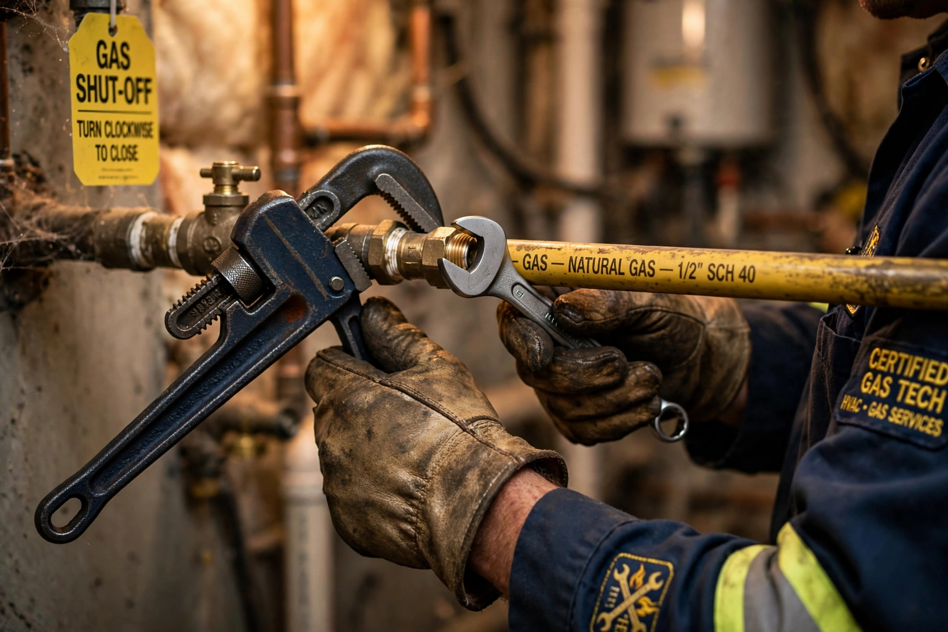 Gas Line Repair in Leander: close-up of a gas technician's hands applying pipe joint compound to threaded fittings before assembly