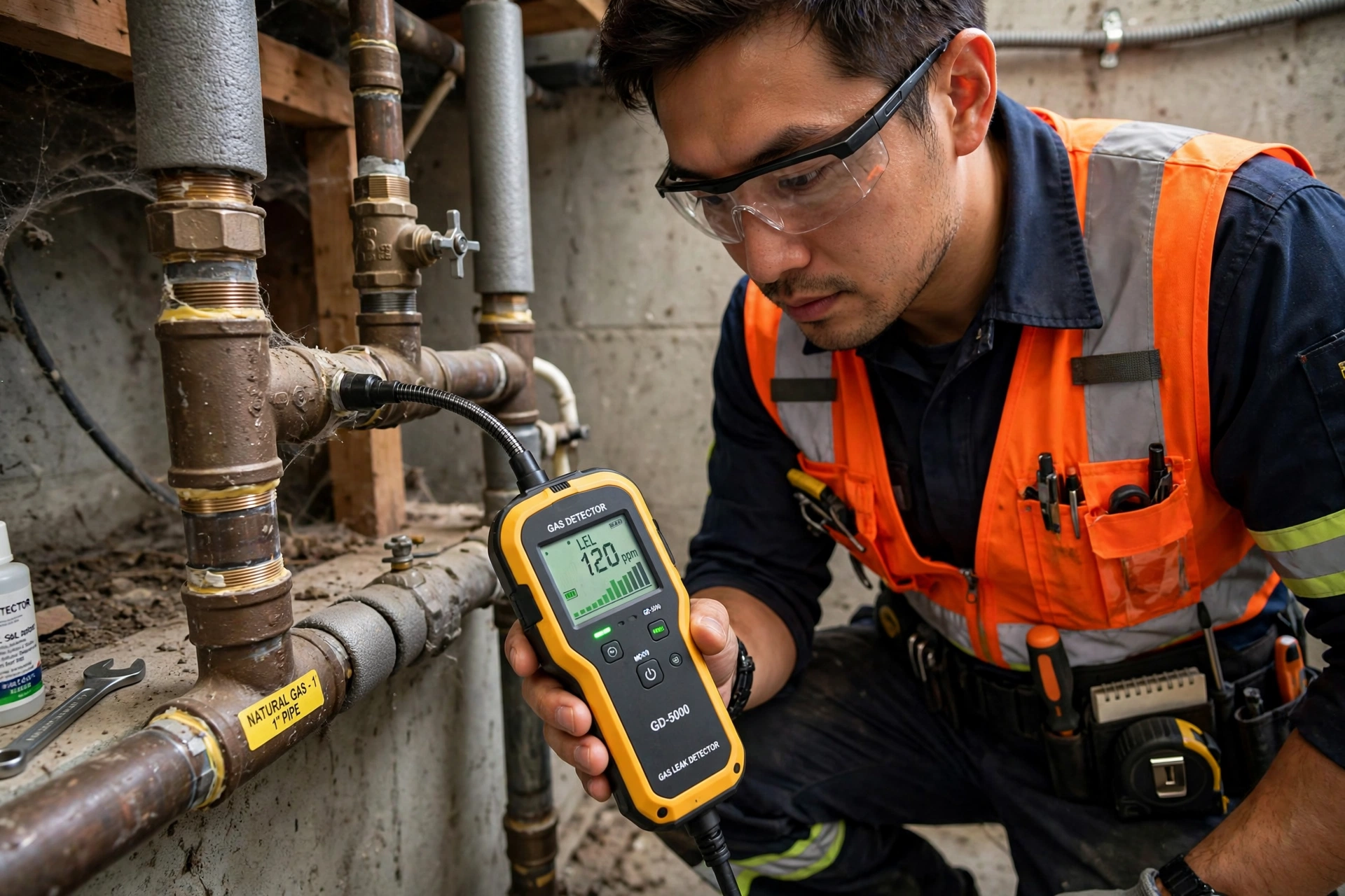 Gas Leak Detection in Leander: gas technician moving an electronic gas leak detector probe along a gas line joint to pinpoint a suspected leak