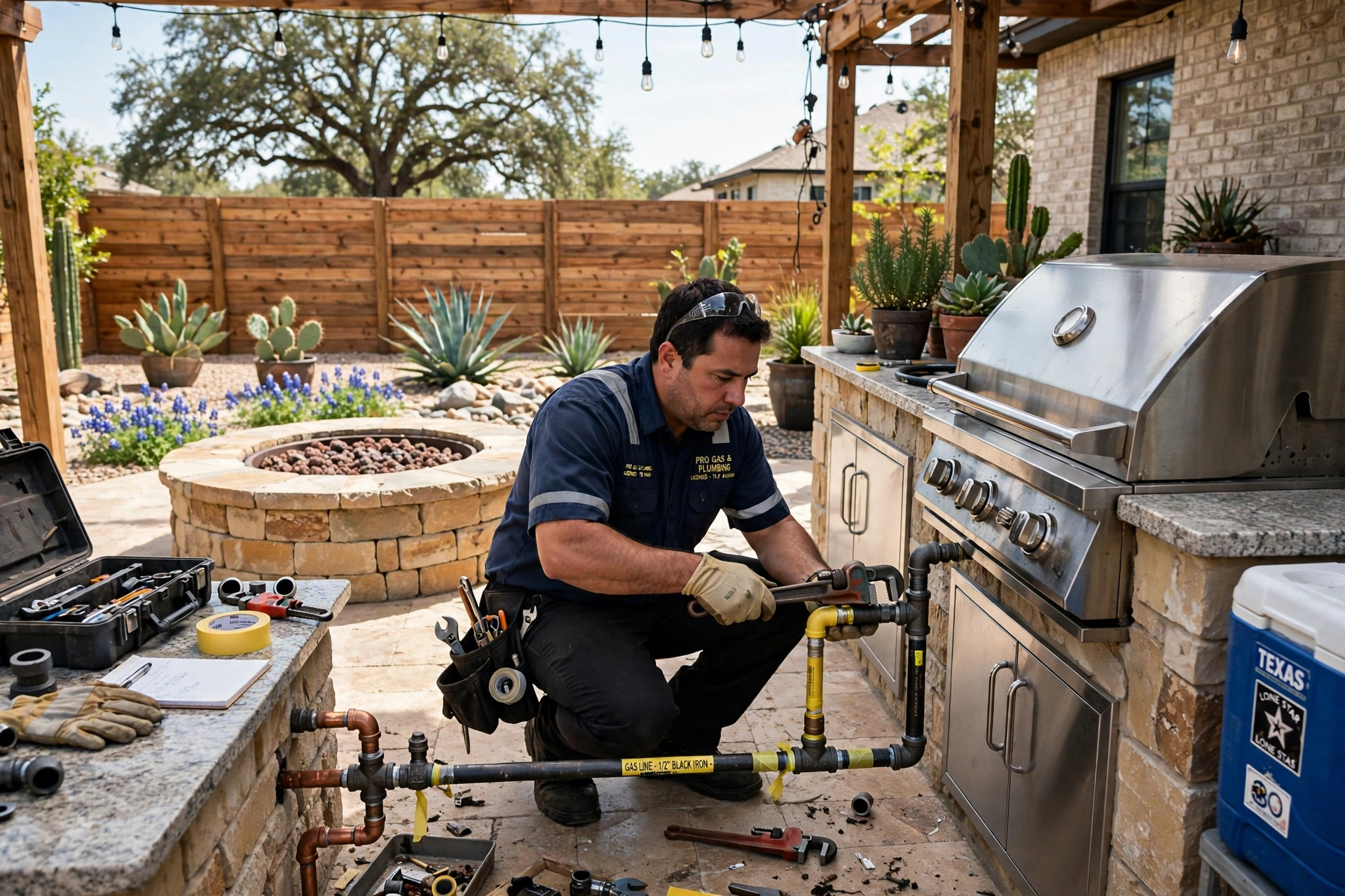 Gas Appliance Hookup in Leander: gas technician connecting a new flexible stainless steel gas connector to the back of a gas range