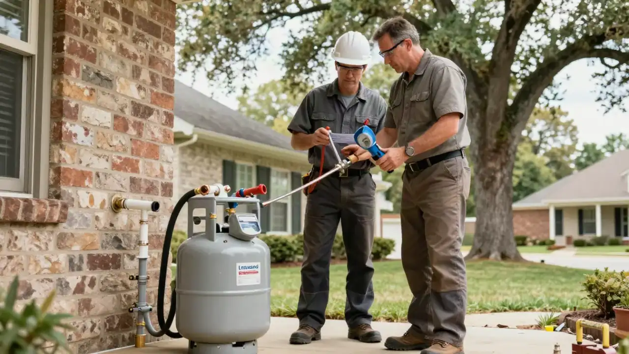 Gas Appliance Hookup in Leander: gas technician connecting a new flexible stainless steel gas connector to the shut-off valve behind a range